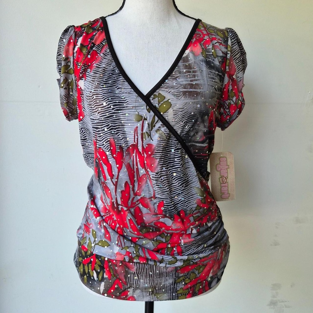 Vintage Y2K Sugar Tart Rhinestone Mesh Top Womens XL Ruched V Neck Indie Sleaze